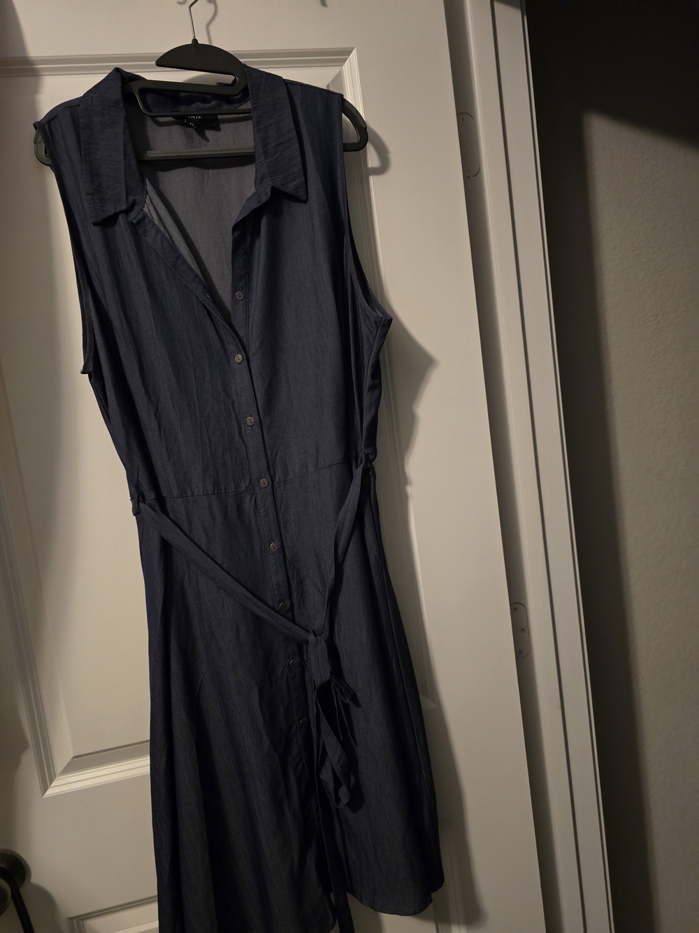 Sleeveless Navy Shirt Dress with Tie Waist